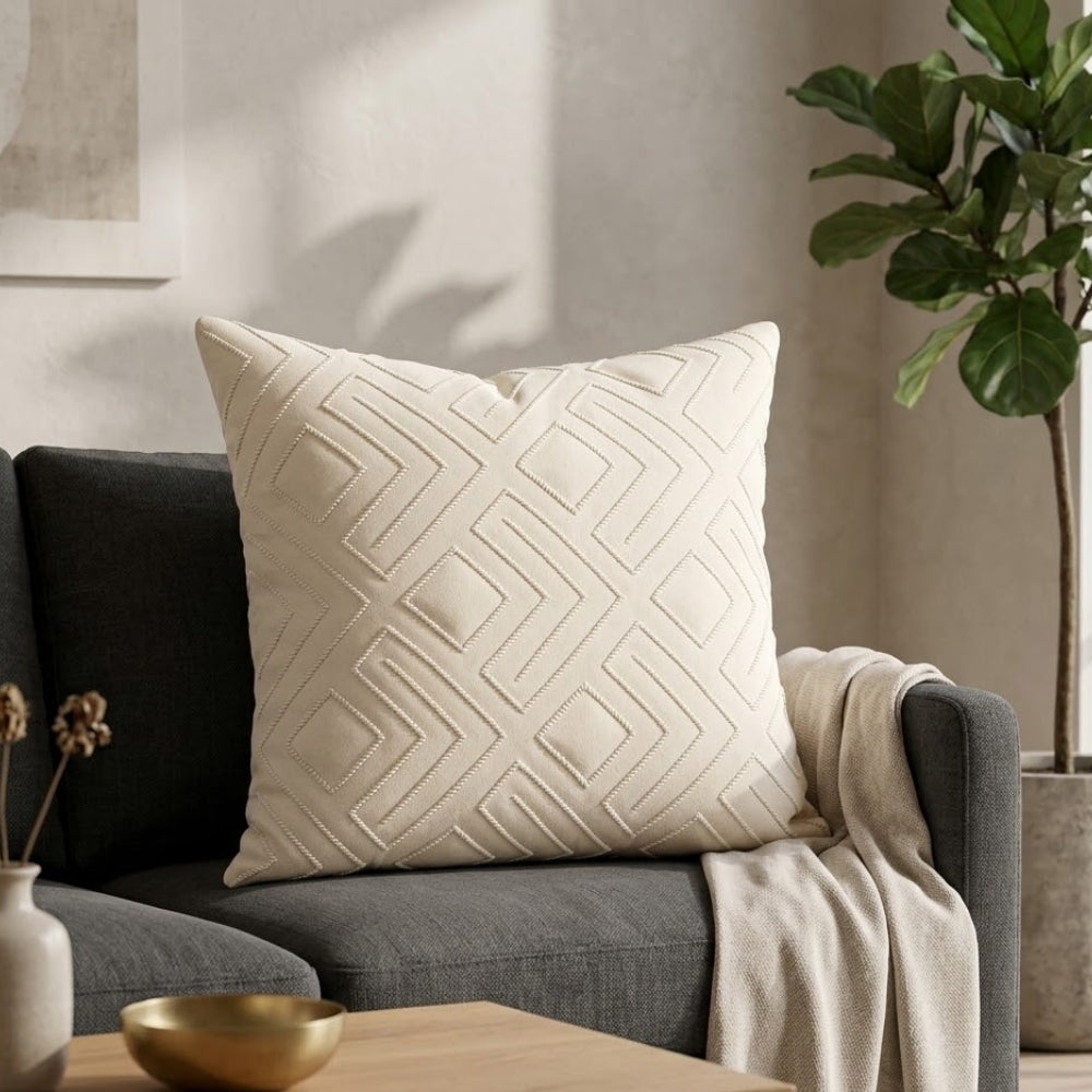 Handcrafted Cushion Cover – Cream | 16"x16" | Geometric Textured Design