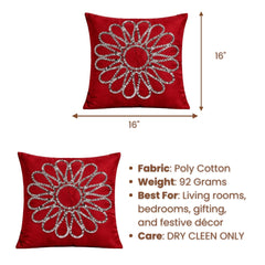 Hand Crafted Cushion Cover – Red | 16"x16" | Poly Cotton Fabric | Floral Design