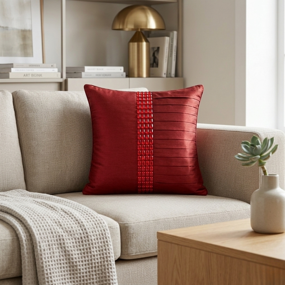 Hand Crafted Cushion Cover – Maroon | 12"x12" | Poly Cotton | Decorative Panel Design