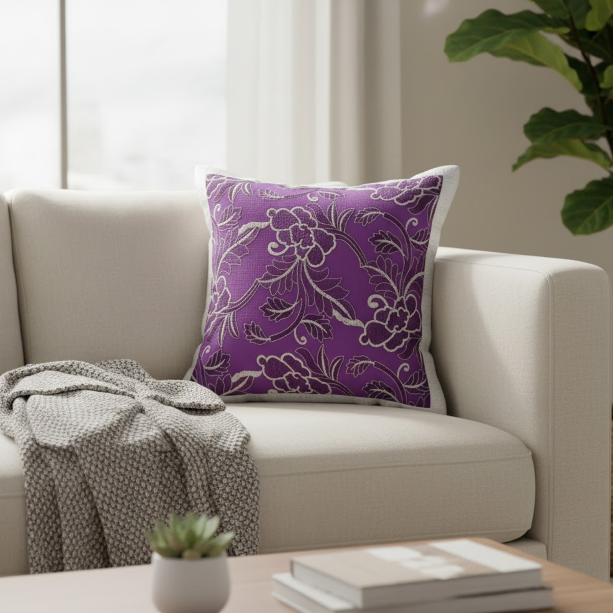 Machine Crafted Purple Cushion Cover with White Piping – 16"x16" | Premium Poly Cotton