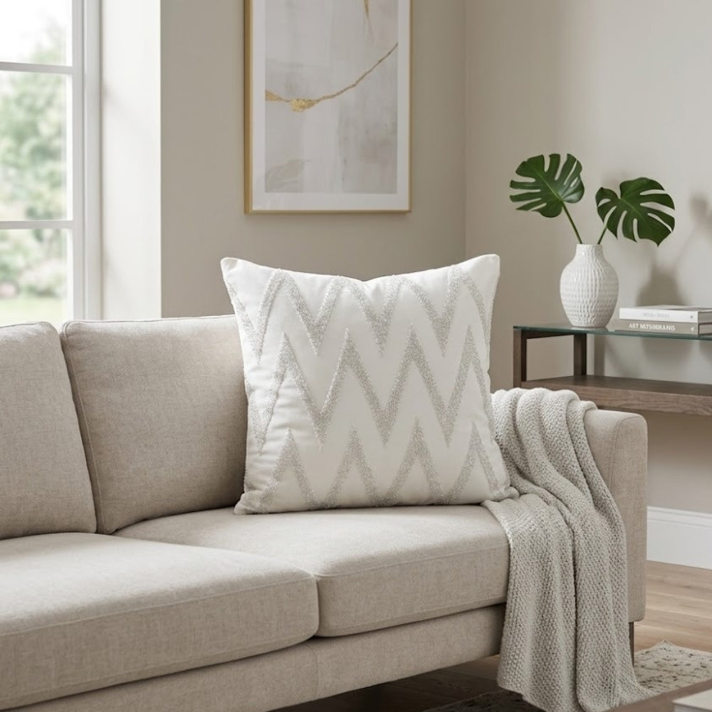 Handcrafted Cushion Cover – White | 16"x16" | Zigzag Embroidered Decorative Cushion Cover