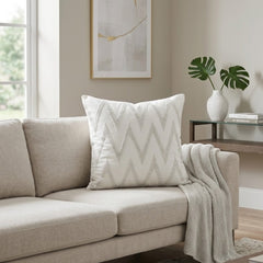 Handcrafted Cushion Cover – White | 16"x16" | Zigzag Embroidered Decorative Cushion Cover