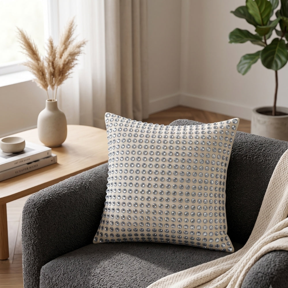 Handcrafted White Beaded Cushion Cover – 12"x12" | Premium Poly Cotton | Elegant Handcrafted Design