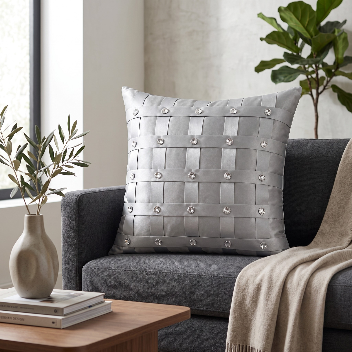 Hand-Crafted Cushion Cover – Grey Silver | 16"x16" | Poly-Foam-Cotton | Elegant Festive Accent