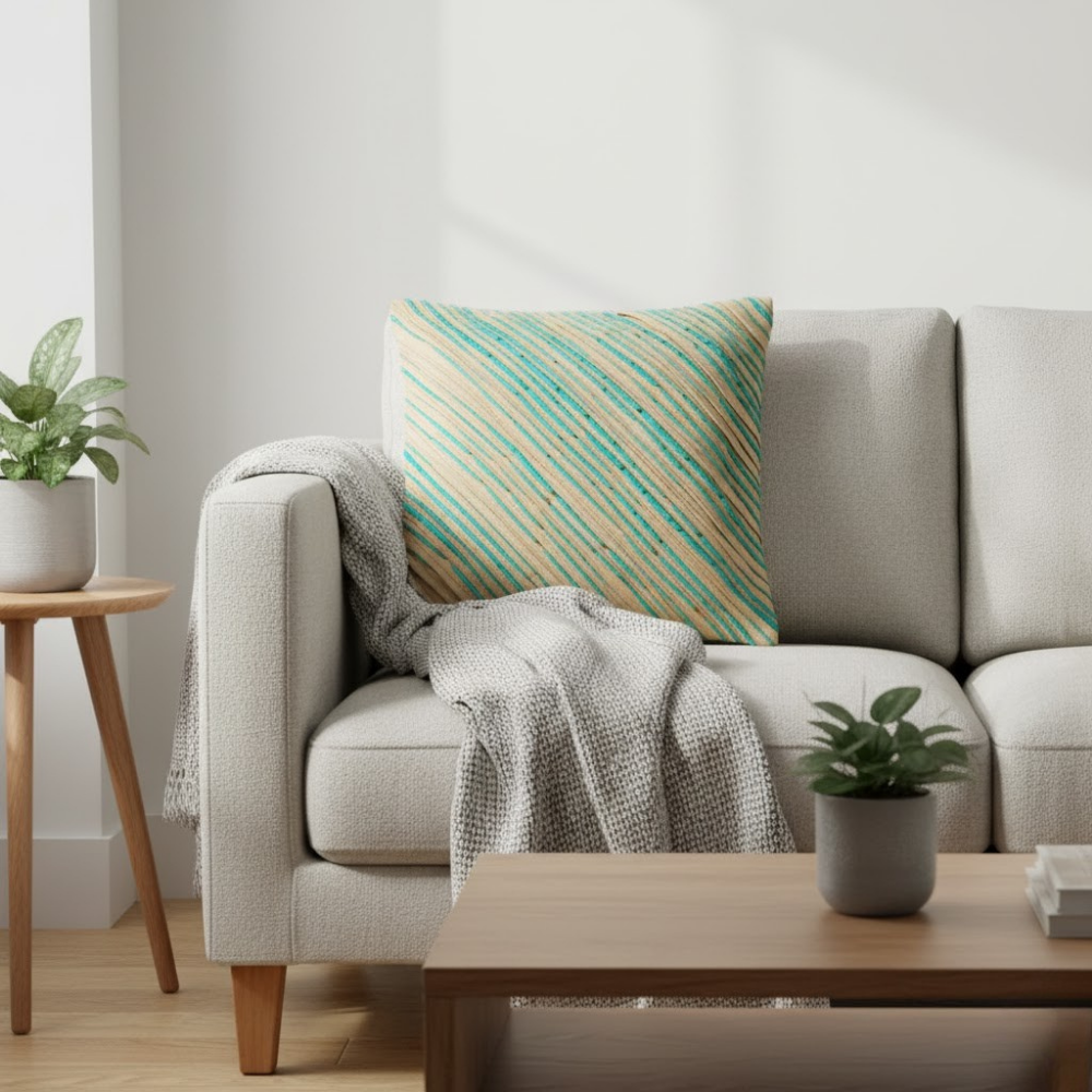 Poly Chenille Turquoise Cushion Cover – 16"x16", Diagonal Line Texture in Premium Finish