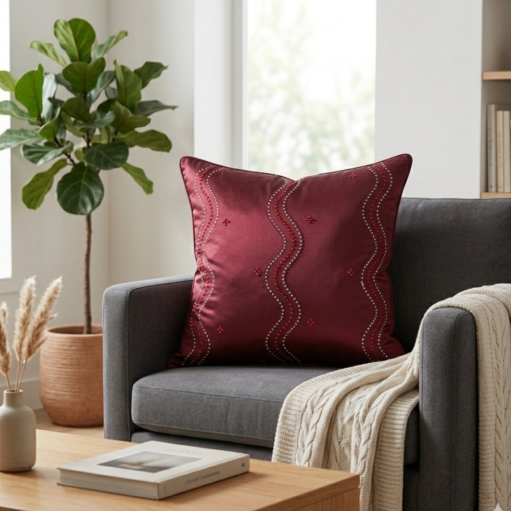 Handcrafted Cushion Cover – Dark Maroon | 16"x16" | Poly Cotton Fabric | Elegant Embroidered Cushion Cover