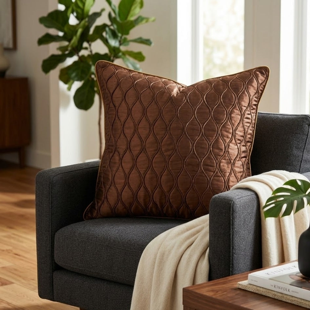 Fabric Crafted Cushion Cover – Brown | 24"x24" | Poly Cotton | Quilted Wave Design