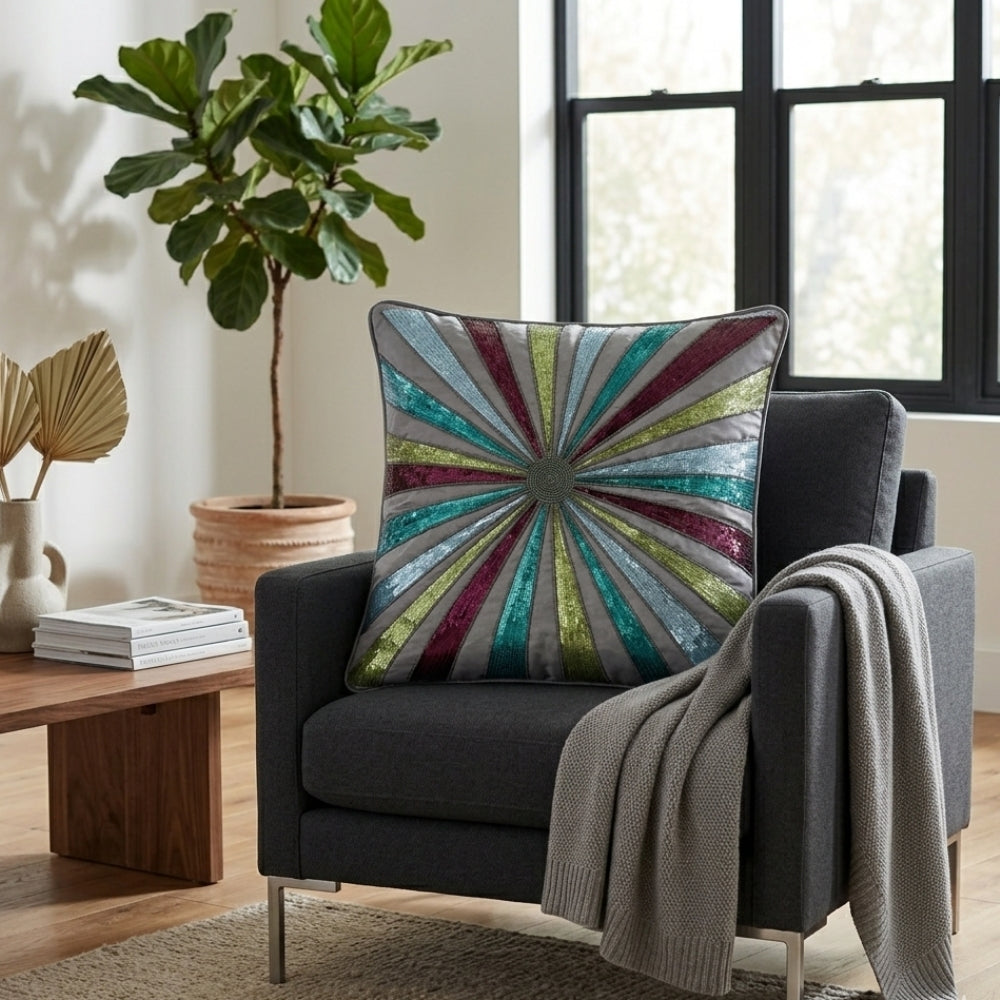 Hand Crafted Cushion Cover – Grey Multicolor | 16"x16" | Poly Cotton Fabric | Vibrant Embroidered Geometric Burst Design