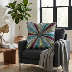 Hand Crafted Cushion Cover – Grey Multicolor | 16"x16" | Poly Cotton Fabric | Vibrant Embroidered Geometric Burst Design