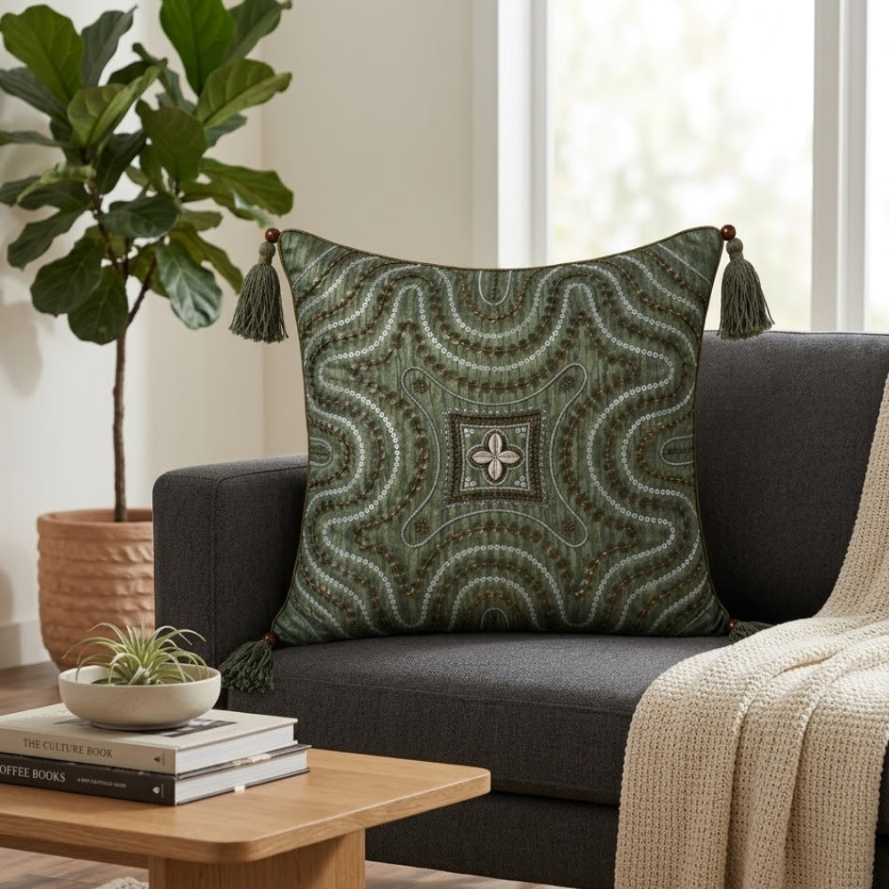 Handcrafted Cushion Cover – Green | 16"x16" | Embroidered Decorative Cushion Cover