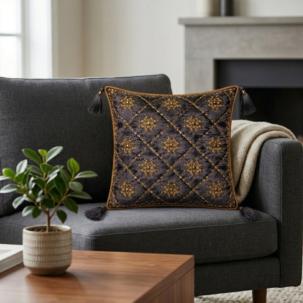 Hand Crafted Cushion Cover – Black | 12"x12" | Poly Cotton | Embroidered Floral Diamond Pattern with Tassels