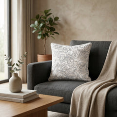 Fabric Crafted Cushion Cover – White Gold | 12"x12" | Poly Chenille Fabric | Embroidered Scroll Design