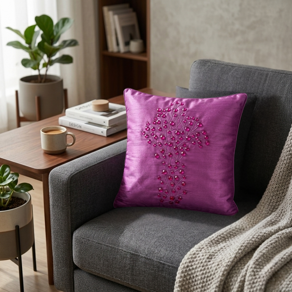 Hand Crafted Cushion Cover – Purple | 12"x12" | Poly Cotton | Embroidered Floral Design