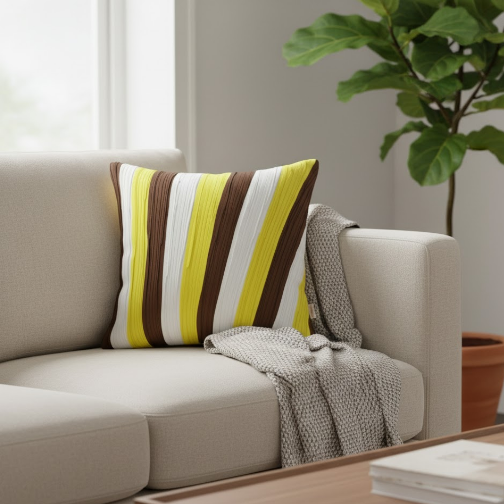Fabric-Crafted Brown Cushion Cover – 12"x12", Multi-Stripe Textured Design in Premium Poly Cotton