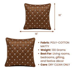 Handcrafted Brown Cushion Cover – 16"x16" | Premium Poly-Cotton Matty | Crystal-Studded Diamond Quilting | Elegant Luxury Décor
