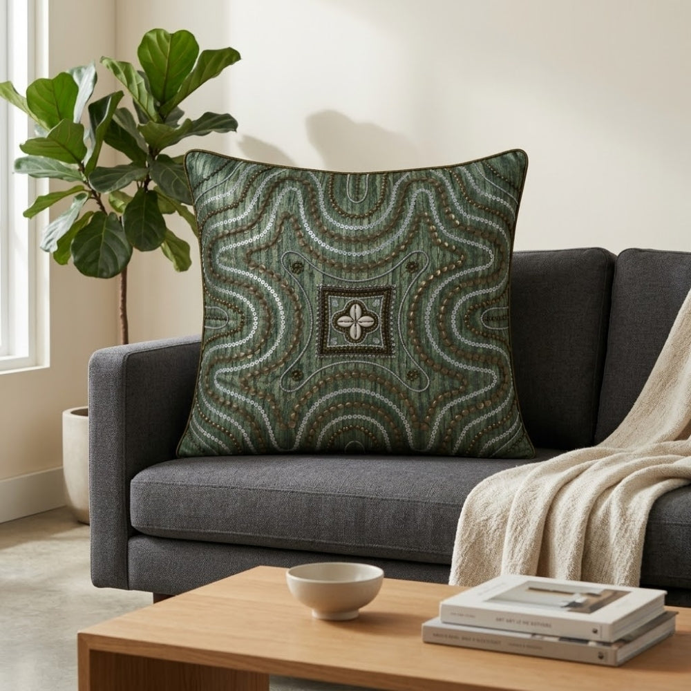 Handcrafted Cushion Cover – Green | 16"x16" | Premium Embroidered Decorative Cushion Cover