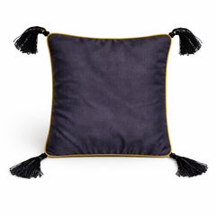 Hand Crafted Cushion Cover – Black | 12"x12" | Poly Cotton | Embroidered Floral Diamond Pattern with Tassels