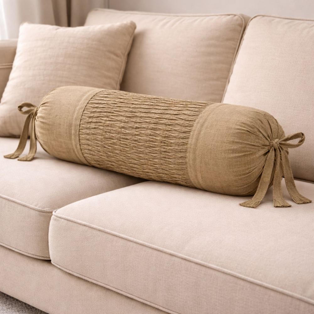 Cylindrical Fabric-Crafted Beige Bolster Cover – 15"x32" | Cotton Polyester Fabric | Subtle & Elegant