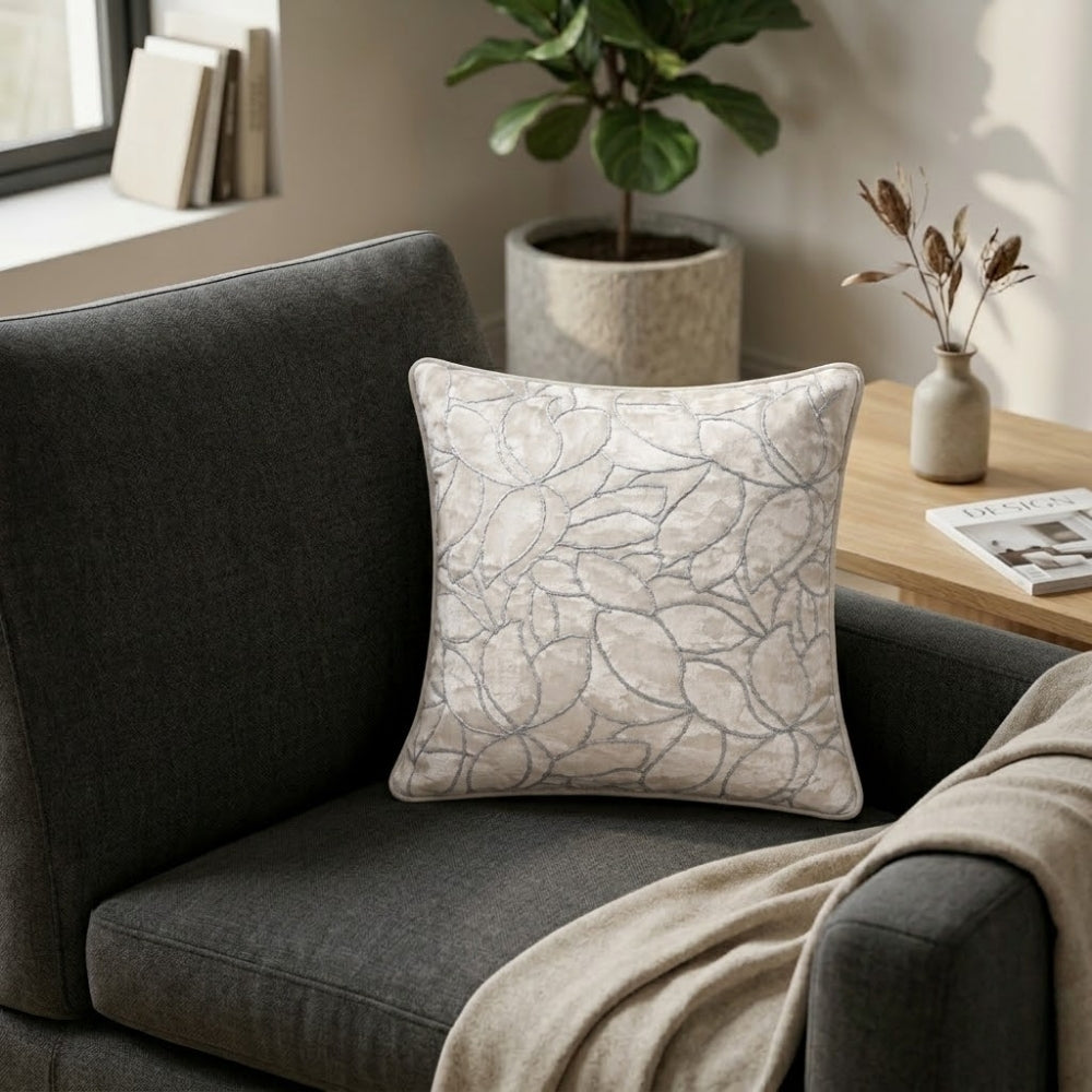 Fabric Crafted Cushion Cover – White | 12"x12" | Poly Chenille Fabric | Embroidered Leaf Design