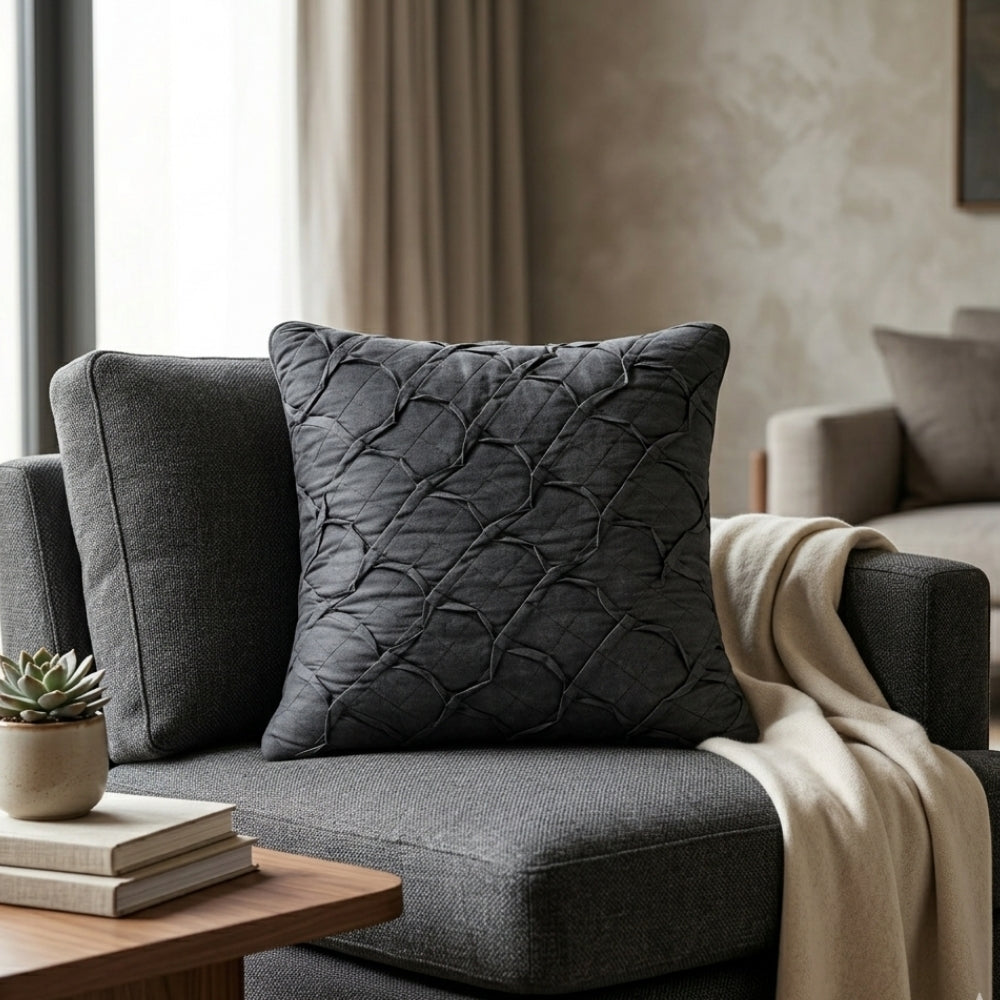 Fabric Crafted Cushion Cover – Black | 12"x12" | Poly Cotton Fabric | Elegant Crinkle Texture Design