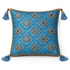 Hand Crafted Cushion Cover – Blue | 12"x12" | Poly Cotton | Embroidered Floral Diamond Pattern with Tassels