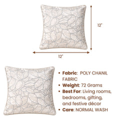 Fabric Crafted Cushion Cover – White | 12"x12" | Poly Chenille Fabric | Embroidered Leaf Design