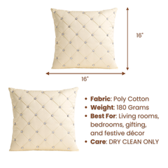Handcrafted Cream Cushion Cover – 16"x16" | Premium Poly Cotton | Crystal-Studded Diamond Quilting | Elegant Luxury Décor