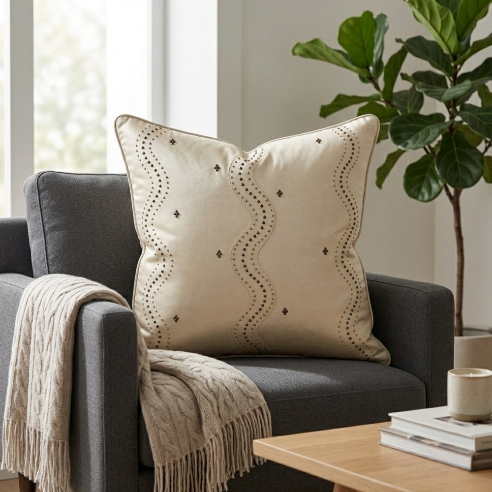 Handcrafted Cushion Cover – Beige | 16"x16" | Poly Cotton Fabric | Elegant Embroidered Cushion Cover