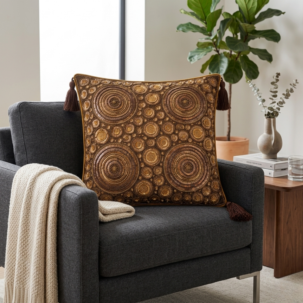 Hand Crafted Cushion Cover – Brown | 16"x16" | Poly Cotton | Embroidered Circular Design