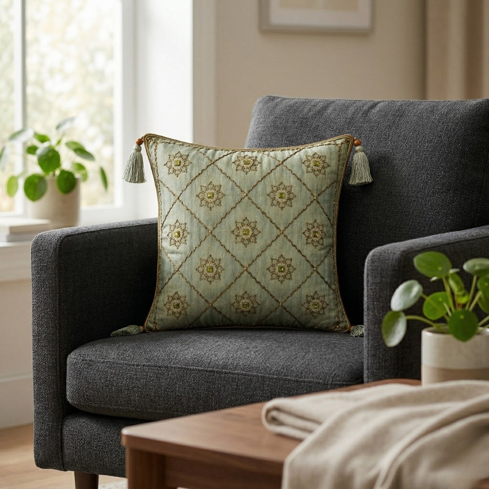 Hand Crafted Cushion Cover – Green | 12"x12" | Poly Cotton | Embroidered Floral Diamond Pattern with Tassels