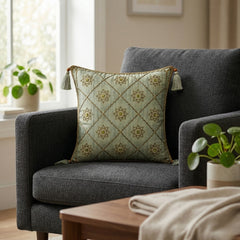 Hand Crafted Cushion Cover – Green | 12"x12" | Poly Cotton | Embroidered Floral Diamond Pattern with Tassels