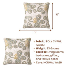 Fabric Crafted Cushion Cover – White | 12"x12" | Poly Chenille Fabric | Embroidered Scroll Design