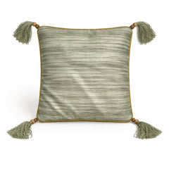Hand Crafted Cushion Cover – Green | 12"x12" | Poly Cotton | Embroidered Floral Diamond Pattern with Tassels