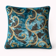 Fabric Crafted Cushion Cover – Turquoise | 12"x12" | Poly Chenille Fabric | Embroidered Floral Scroll Design
