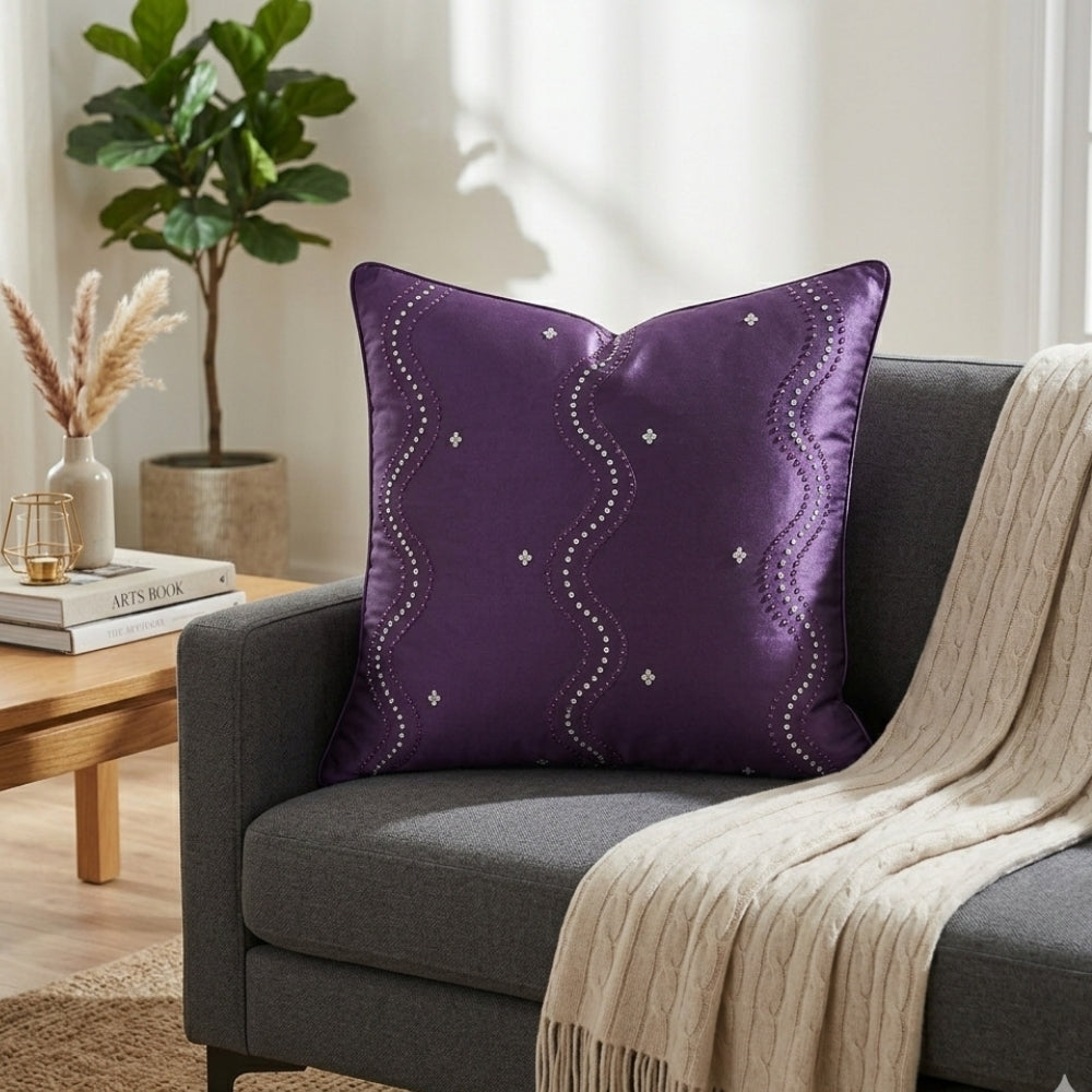 Handcrafted Cushion Cover – Dark Purple | 16"x16" | Poly Cotton Fabric | Elegant Embroidered Cushion Cover