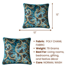 Fabric Crafted Cushion Cover – Turquoise | 12"x12" | Poly Chenille Fabric | Embroidered Floral Scroll Design