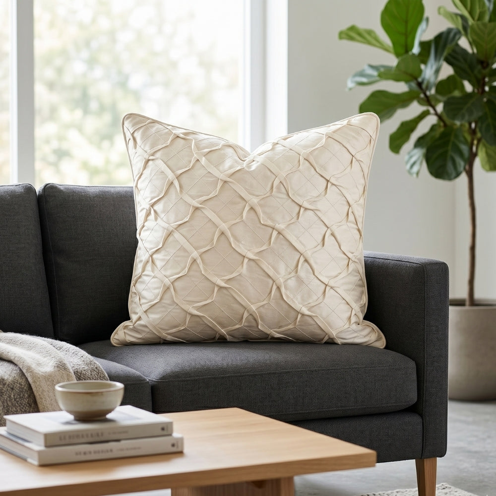 Fabric Crafted Cushion Cover – Cream | 16"x16" | Poly Cotton Fabric | Elegant Crinkle Texture Design