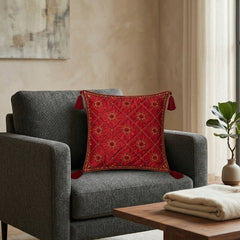 Hand Crafted Cushion Cover – Maroon | 12"x12" | Poly Cotton | Embroidered Floral Diamond Pattern with Tassels
