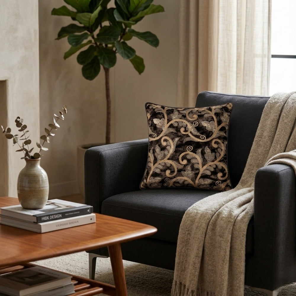 Fabric Crafted Cushion Cover – Black | 12"x12" | Poly Chenille Fabric | Embroidered Floral Vine Design