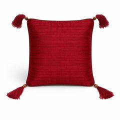 Hand Crafted Cushion Cover – Maroon | 12"x12" | Poly Cotton | Embroidered Floral Diamond Pattern with Tassels
