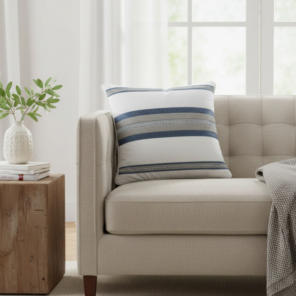 Handcrafted Off-White Cushion Cover – 16"x16" | Striped Embellished Design | Premium Poly Cotton