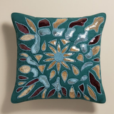 Handcrafted Turquoise Cushion Cover – 12"x12" | Multi-Color Embroidered Floral Design | Premium Poly Cotton