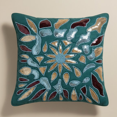 Handcrafted Turquoise Cushion Cover – 12"x12" | Multi-Color Embroidered Floral Design | Premium Poly Cotton