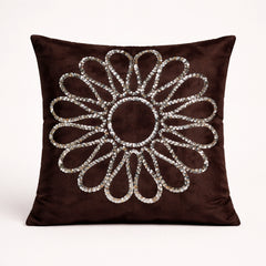Hand Crafted Cushion Cover – Brown | 16"x16" | Poly Cotton Fabric | Stone Work Floral Design