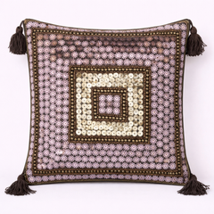 Handcrafted Brown Cushion Cover – 16"x16" | Square Embellished Design with Tassels | Premium Poly Cotton