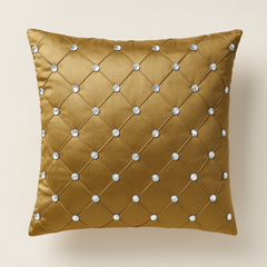 Handcrafted Khaki Cushion Cover – 16"x16" | Premium Poly-Cotton Matty | Crystal-Studded Diamond Quilting | Elegant Neutral Décor