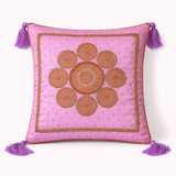 Handcrafted Pink Cushion Cover – 16"x16" | Ornate Circular Embroidery | Tassel Accents | Premium Poly Cotton