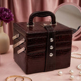 Luxury Brown Crocodile Leather Jewellery Vanity Box with Mirror & Multi-Layer Organizer (20.32 × 17.27 × 16.51 cm)