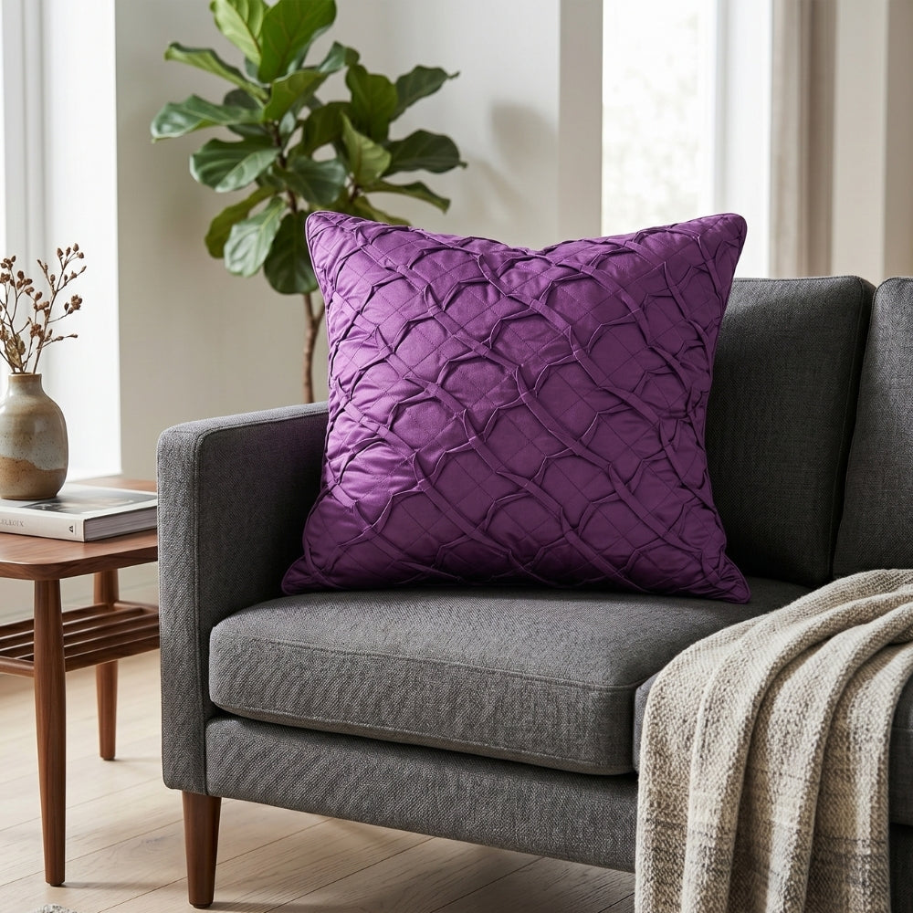 Fabric Crafted Cushion Cover – Purple | 16"x16" | Poly Cotton Fabric | Premium Crinkle Texture Design
