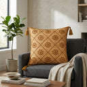 Hand Crafted Cushion Cover – Golden | 16"x16" | Poly Cotton | Embroidered Floral Diamond Pattern with Tassels